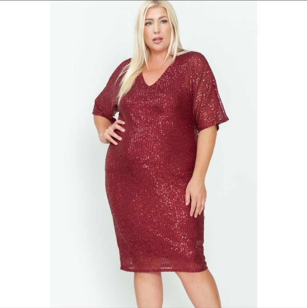 Plus Size Cocktail Holiday  Midi Dress  BURGUNDY
